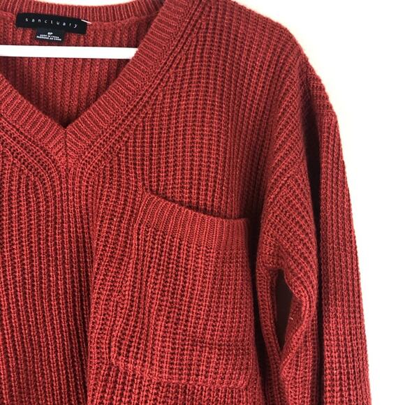 SANCTUARY Rust Red Knit V-Neck Sweater Pocket SP NWOT Cozy Pullover Petite Small - Picture 3 of 6